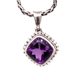 Small Sterling Silver Pendant with One Cushion Square Amethyst on a Ha
